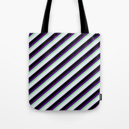 [ Thumbnail: Eyecatching Dark Violet, Indigo, Light Green, Lavender & Black Colored Stripes Pattern Tote Bag ]