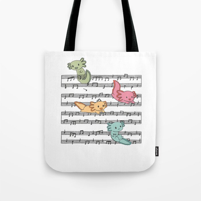 Cute Axolotl Plays With Music Notes On Music Sheet Tote Bag