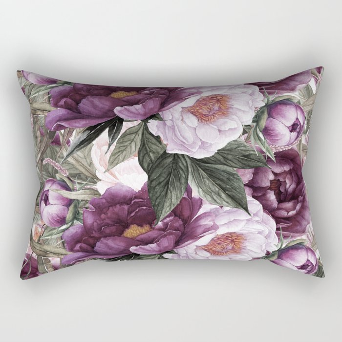 Purple Plum Pink Watercolor Peonies and Greenery Rectangular Pillow