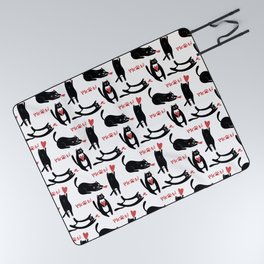 Cute black cats playing with hearts and meow Picnic Blanket