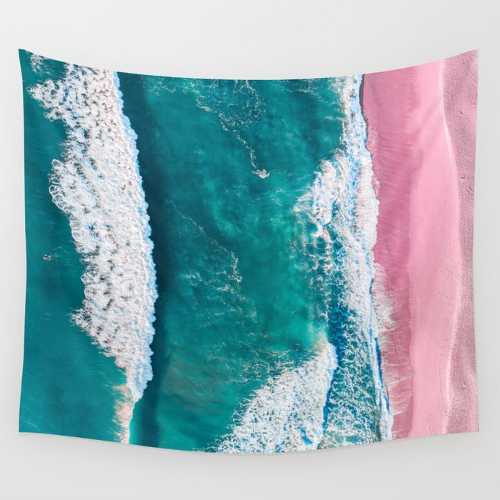Beach Waves - Tropical Ocean Marbled Wave Teal Pink Beaches Wall Tapestry
