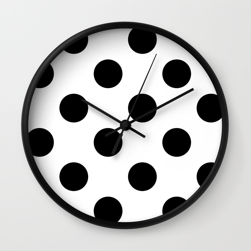 Large Polka Dots Black On White Wall Clock By Polkadotsshop