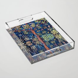 Tree of Life reflecting water of garden lily pond twilight blue nature landscape painting Acrylic Tray