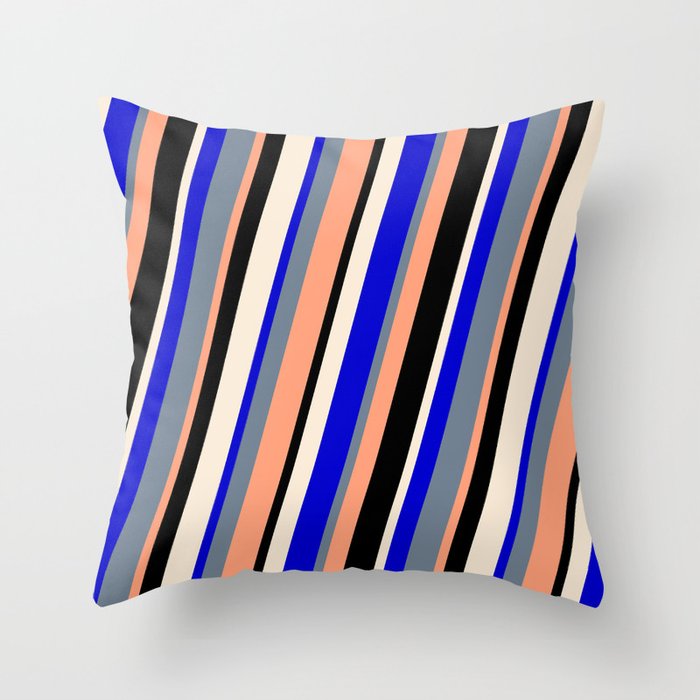 Colorful Blue, Slate Gray, Light Salmon, Black, and Beige Colored Lined/Striped Pattern Throw Pillow