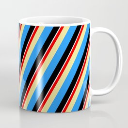 [ Thumbnail: Colorful Red, Tan, Blue, Black & White Colored Lined/Striped Pattern Coffee Mug ]