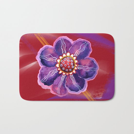 Purple Flower on Red Bath Mat
