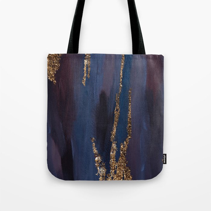 Navy Blue Paint Brushstrokes Gold Foil Tote Bag