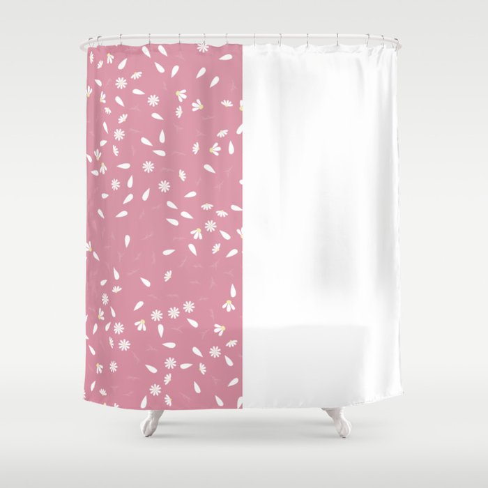 White Chamomile Leaves on Vertical White and Blush Pink Split  Shower Curtain