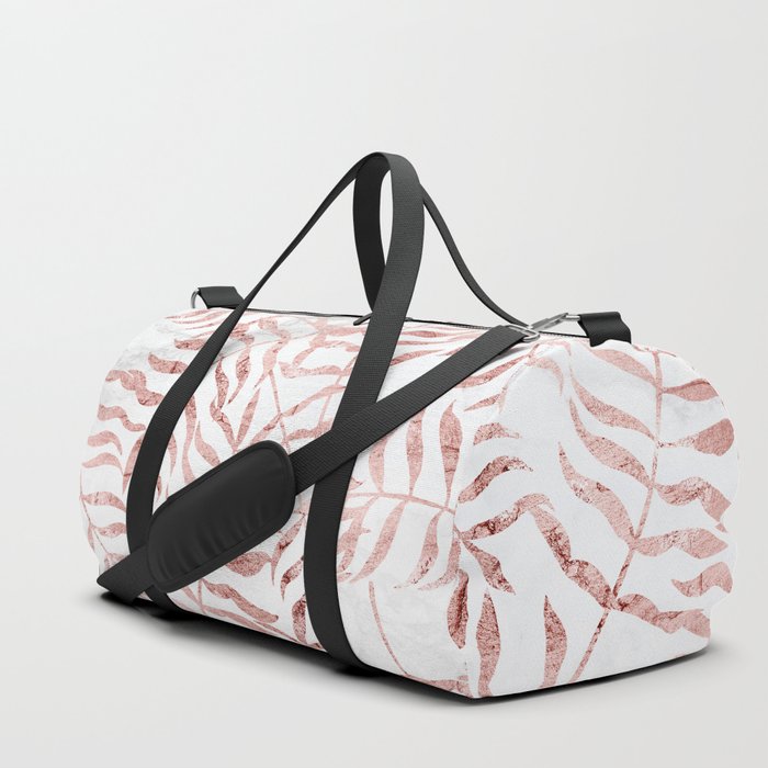 Rose Gold Fern Palm Leaves on Black Marble Duffle Bag