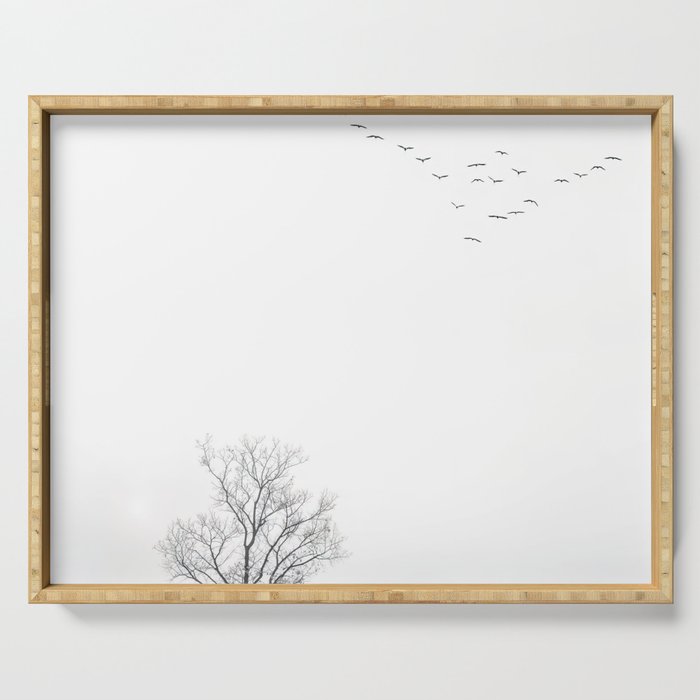 Black and White Landscape With Tree and Birds Serving Tray