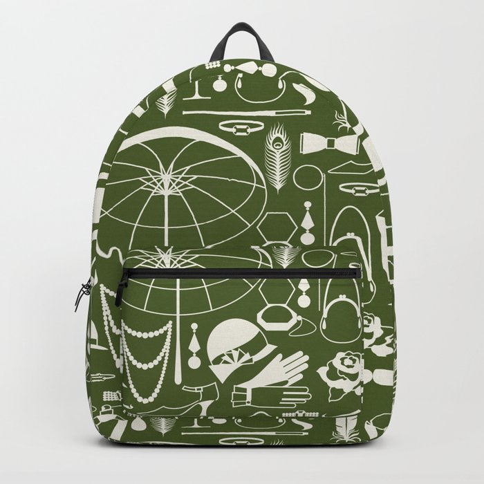 White Old-Fashioned 1920s Vintage Pattern on Olive Green Backpack