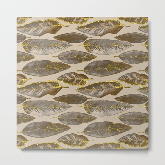 Gold Feather Pattern brown beige Metal Print