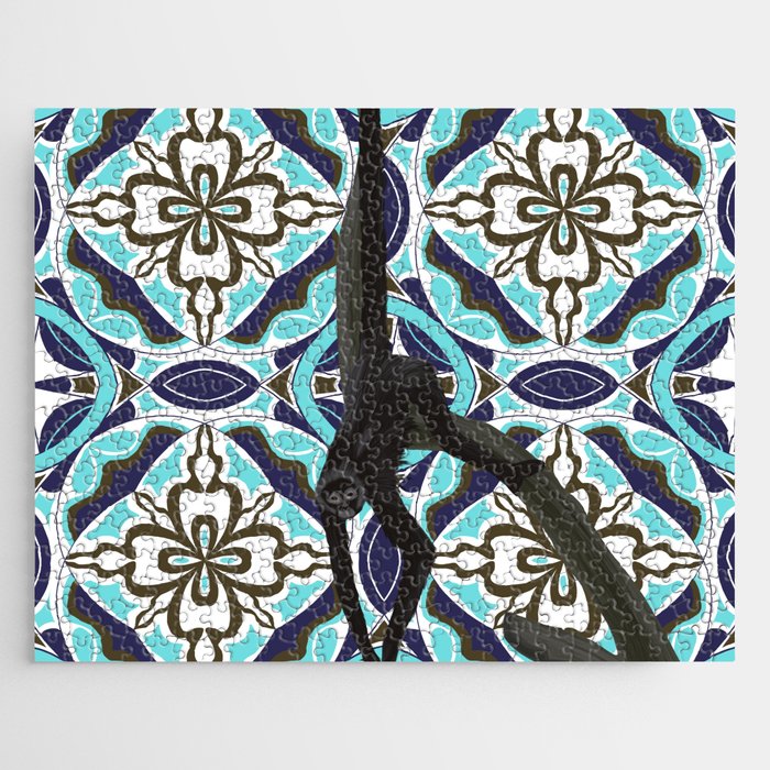 Hanging spider monkey on blue pattern Jigsaw Puzzle