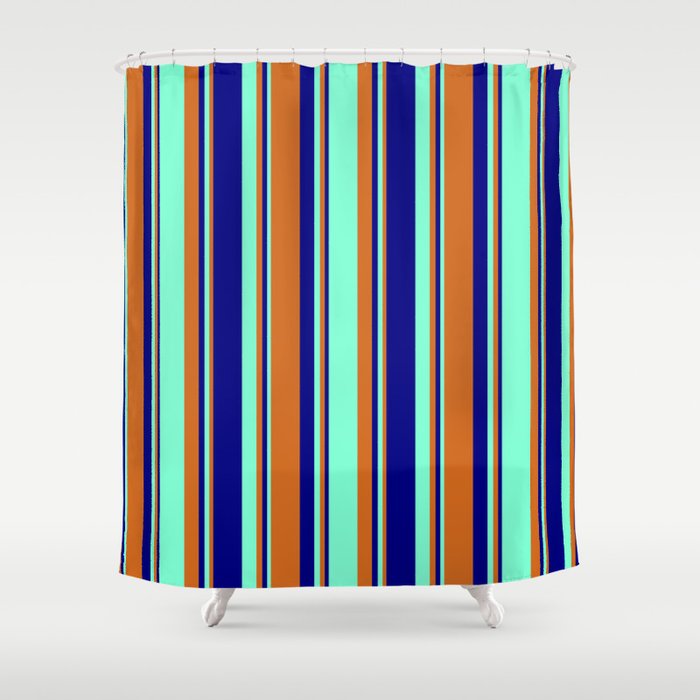 Chocolate, Aquamarine & Blue Colored Stripes Pattern Shower Curtain