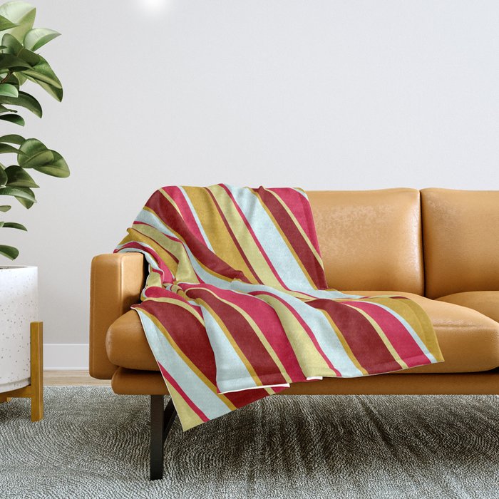 Crimson, Tan, Dark Red, Goldenrod, and Light Cyan Colored Lines Pattern Throw Blanket