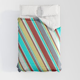[ Thumbnail: Light Slate Gray, Brown, Tan, Aqua, and Mint Cream Colored Lined Pattern Comforter ]