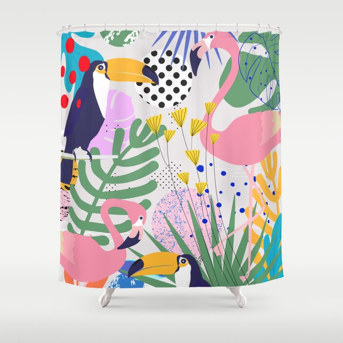Tropical Spring | Pastel Quirky Modern Bohemian Jungle Botanical | Flamingo Palm Cockatoo Birds Shower Curtain