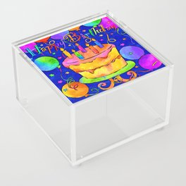 Happy Birthday Celebration with Balloons, Streamers, Cakes in Bright Colors on Blue Acrylic Box