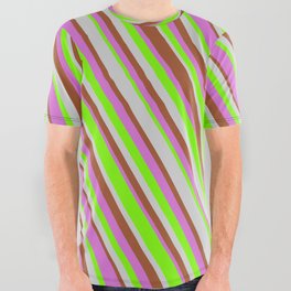 [ Thumbnail: Sienna, Orchid, Green & Light Gray Colored Stripes Pattern All Over Graphic Tee ]