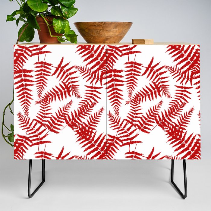 Red Silhouette Fern Leaves Pattern Credenza