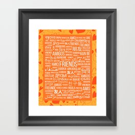 The word "Friends" in different languages of the world on an orange background with hearts Framed Art Print
