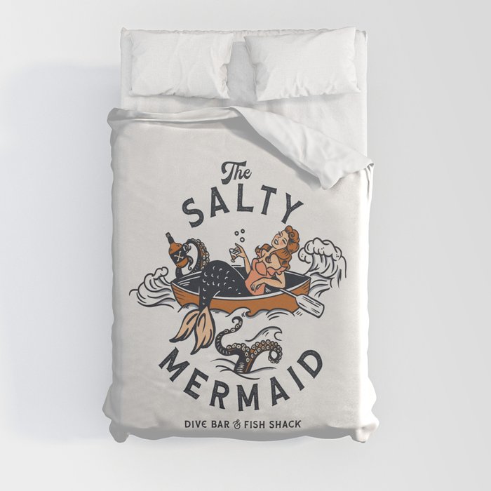 The Salty Mermaid Dive Bar & Fish Shack - Retro Pinup Mermaid Travel Art Duvet Cover