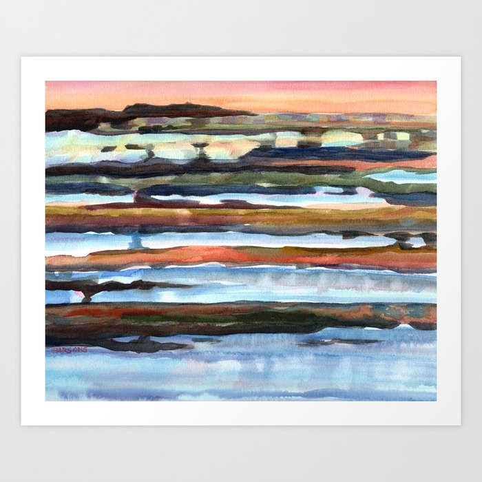 Tidal Flats of Provincetown, Cape Cod Bay, watercolor painting, semi-abstract seascape Art Print