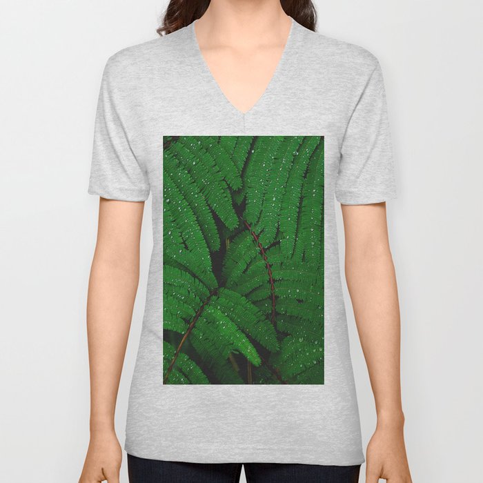 Layers Of Wet Green Fern Leaves Patterns In Nature V Neck T Shirt