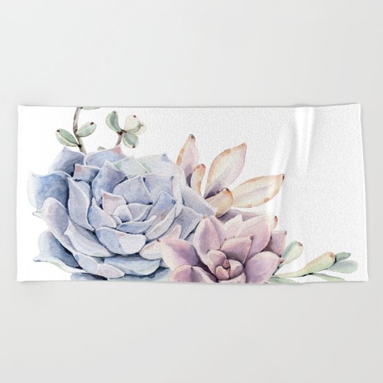 Pristine Succulents Blue and Pink Beach Towel