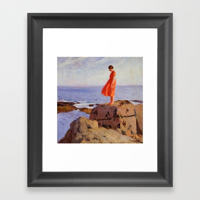 The Dark Pool, Solitary Woman in an Orange Dress coastal landscape painting by Laura Knight Framed Art Print
