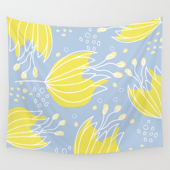 Large Yellow Daisy Like Flowers Yellow Wildflower Blue Background Wall Tapestry