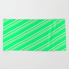 [ Thumbnail: Green & Beige Colored Striped Pattern Beach Towel ]