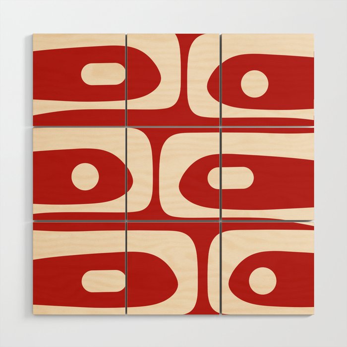Retro Piquet Mid Century Modern Abstract Pattern in Red and Almond Cream Wood Wall Art