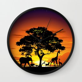 Wild Animals on African Savanna Sunset Wall Clock