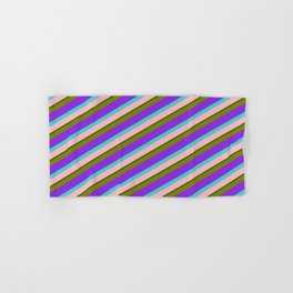 [ Thumbnail: Colorful Green, Purple, Turquoise, Light Pink, and Dark Green Colored Lined/Striped Pattern Hand & Bath Towel ]