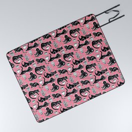Black Cats & Coffee on Strawberry Pink Picnic Blanket