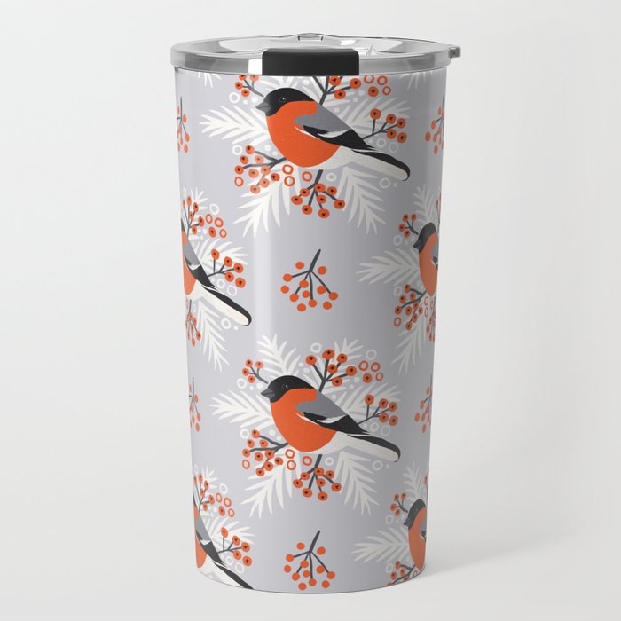 Red Winter Birds with Berries - Bullfinch & Rowan - Light Grey Background Travel Mug
