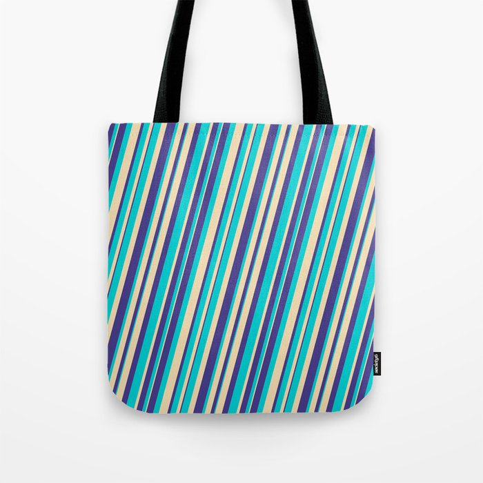 Dark Turquoise, Tan, and Dark Slate Blue Colored Lines/Stripes Pattern Tote Bag