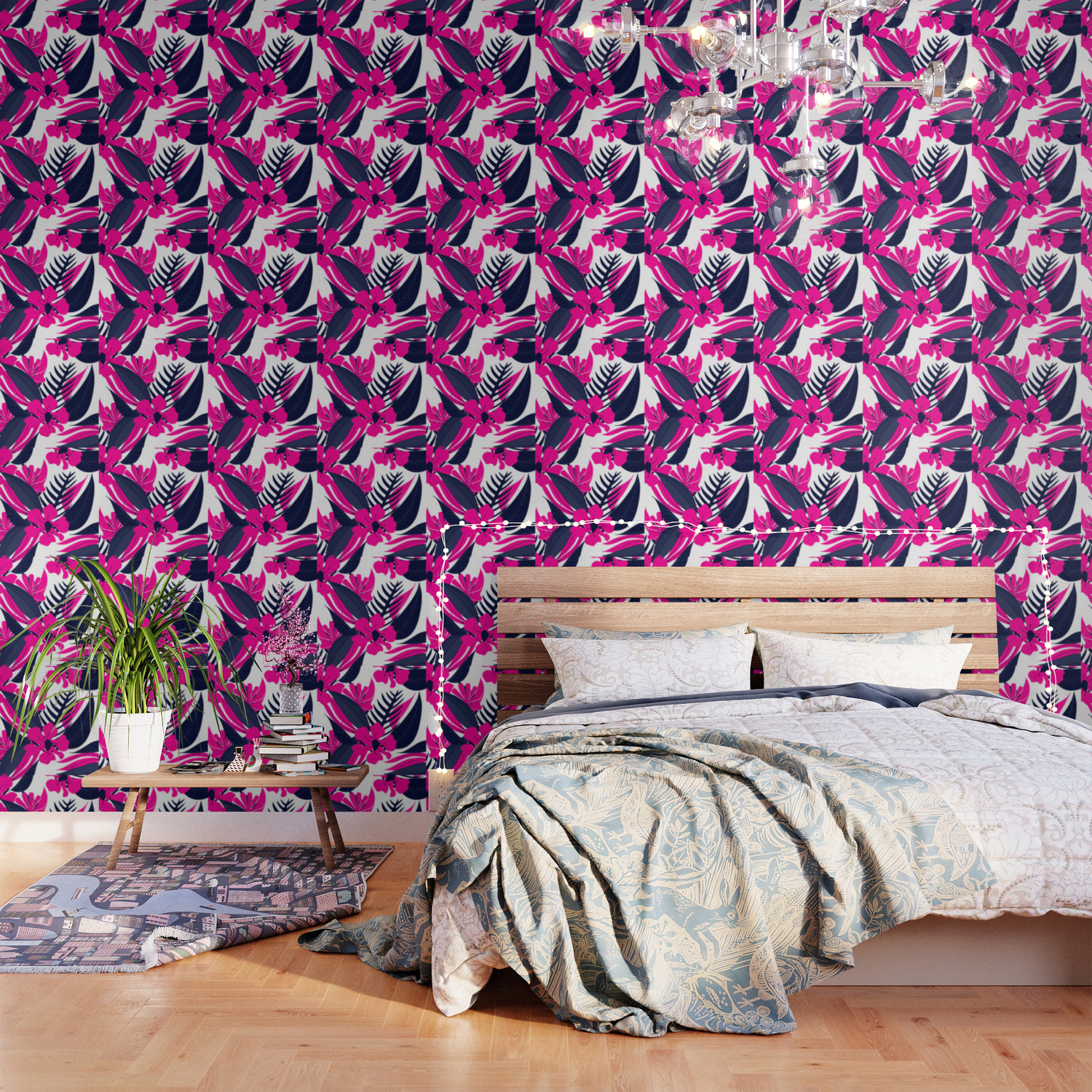 Modern Tropical Neon Pink Navy Blue Floral Composition Pattern