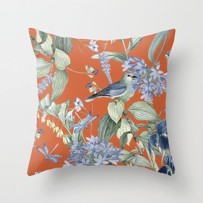 Exotic Wildlife Floral Garden on Orange Throw Pillow
