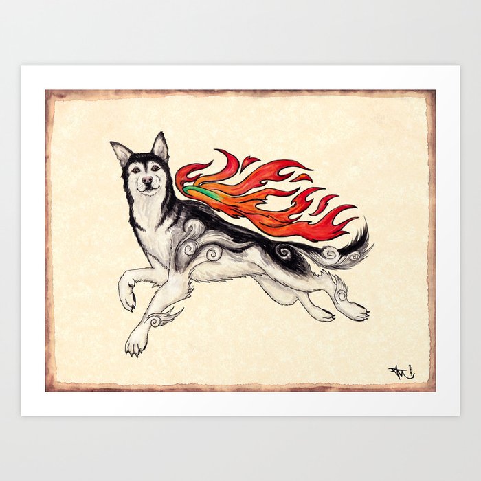 Marukomu Inukami ~ Ōkami inspired husky dog, watercolor & ink, 2015 Art Print