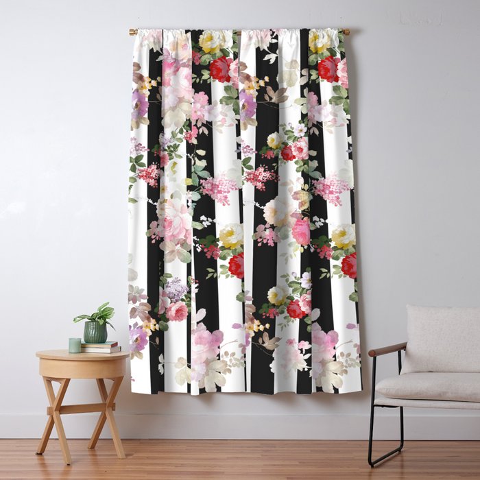Bold Pink Watercolor Roses Floral Black White Stripes Blackout