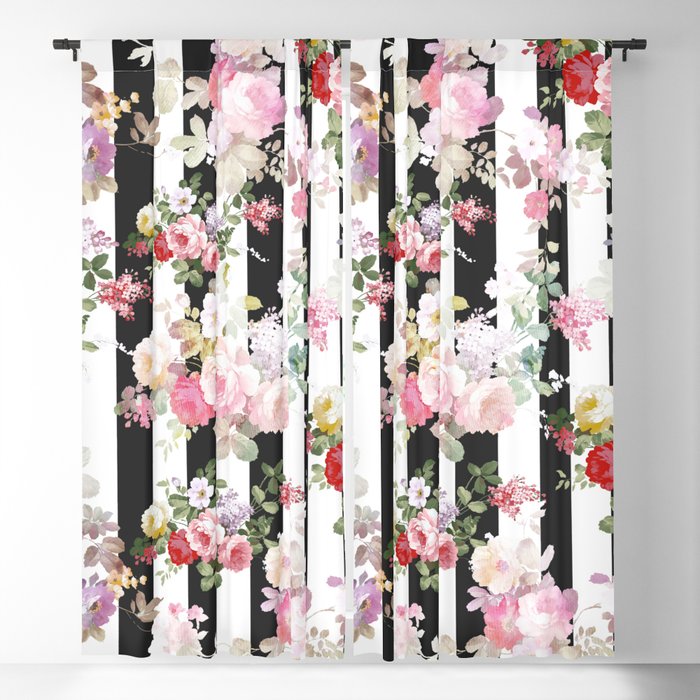 Bold pink watercolor roses floral black white stripes Blackout Curtain