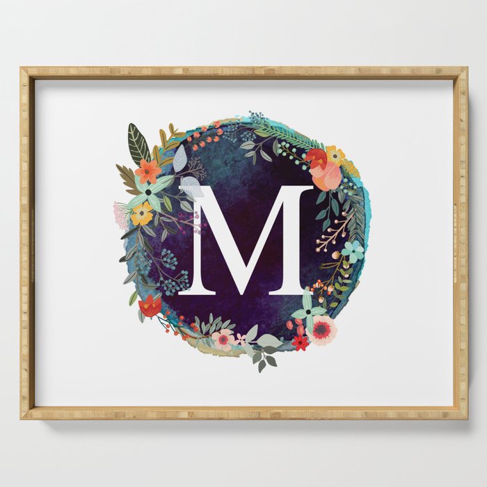 Personalized Monogram Initial Letter M Floral Wreath Artwork Serving Tray