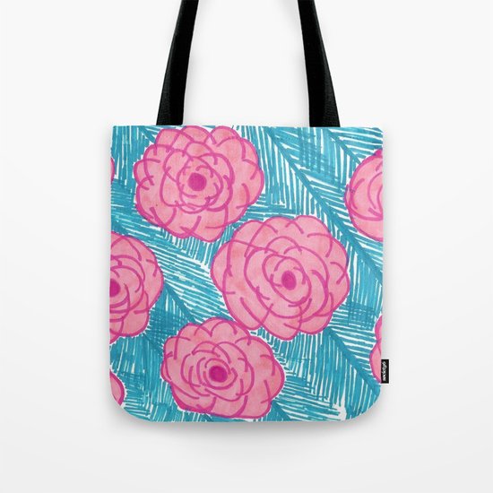 Tropical Palm Leaves and Roses Print Tote Bag