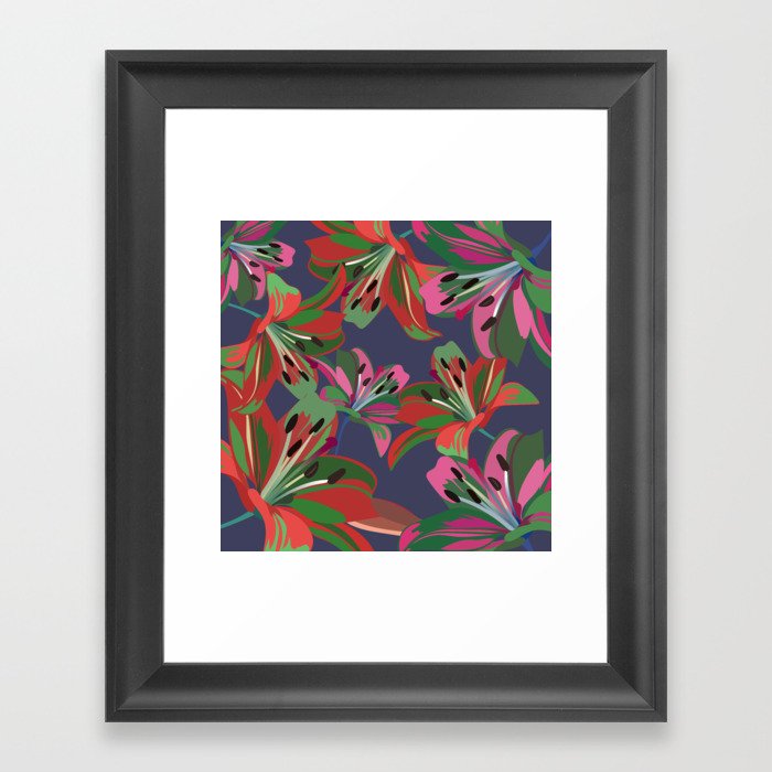 Lily - Pink and Red Floral Bouquet Art Pattern on Dark Blue Framed Art Print