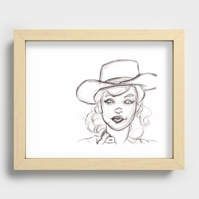 Pencil Drawing Sketch of Retro Girl in Cowboy Hat Recessed Framed Print