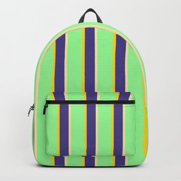 [ Thumbnail: Green, Yellow, Dark Slate Blue & Beige Colored Stripes/Lines Pattern Backpack ]