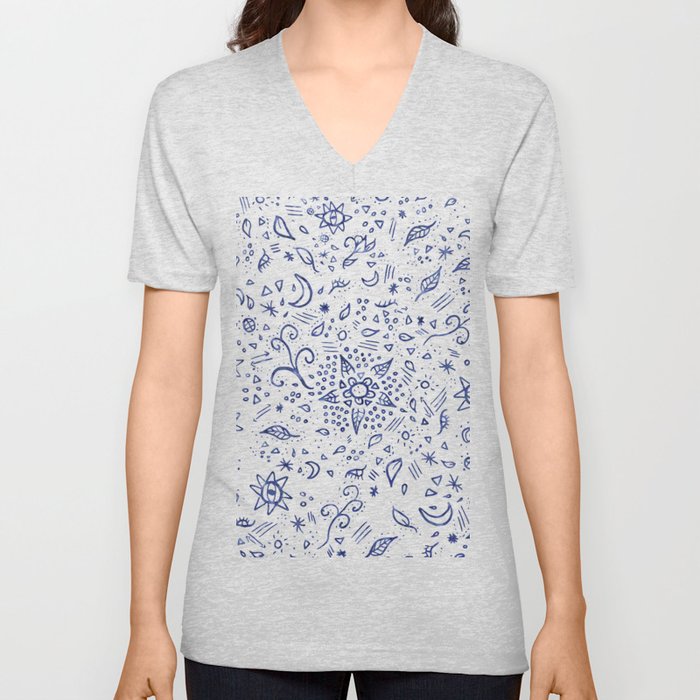 Modern hand drawn doodles esoteric stars flowers blue watercolor V Neck T Shirt