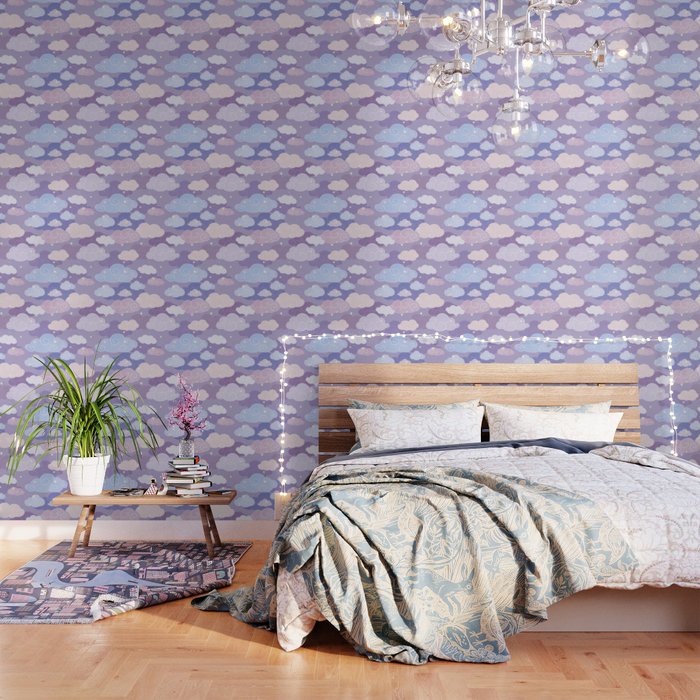 Whimsical Pastel Clouds and Stars Pattern Wallpaper